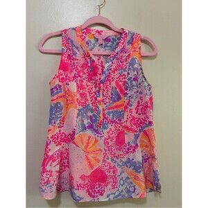 Lilly Pulitzer Kerry Silk Blouse Vibrant Pink Bohemian Beach Tropical print xxs